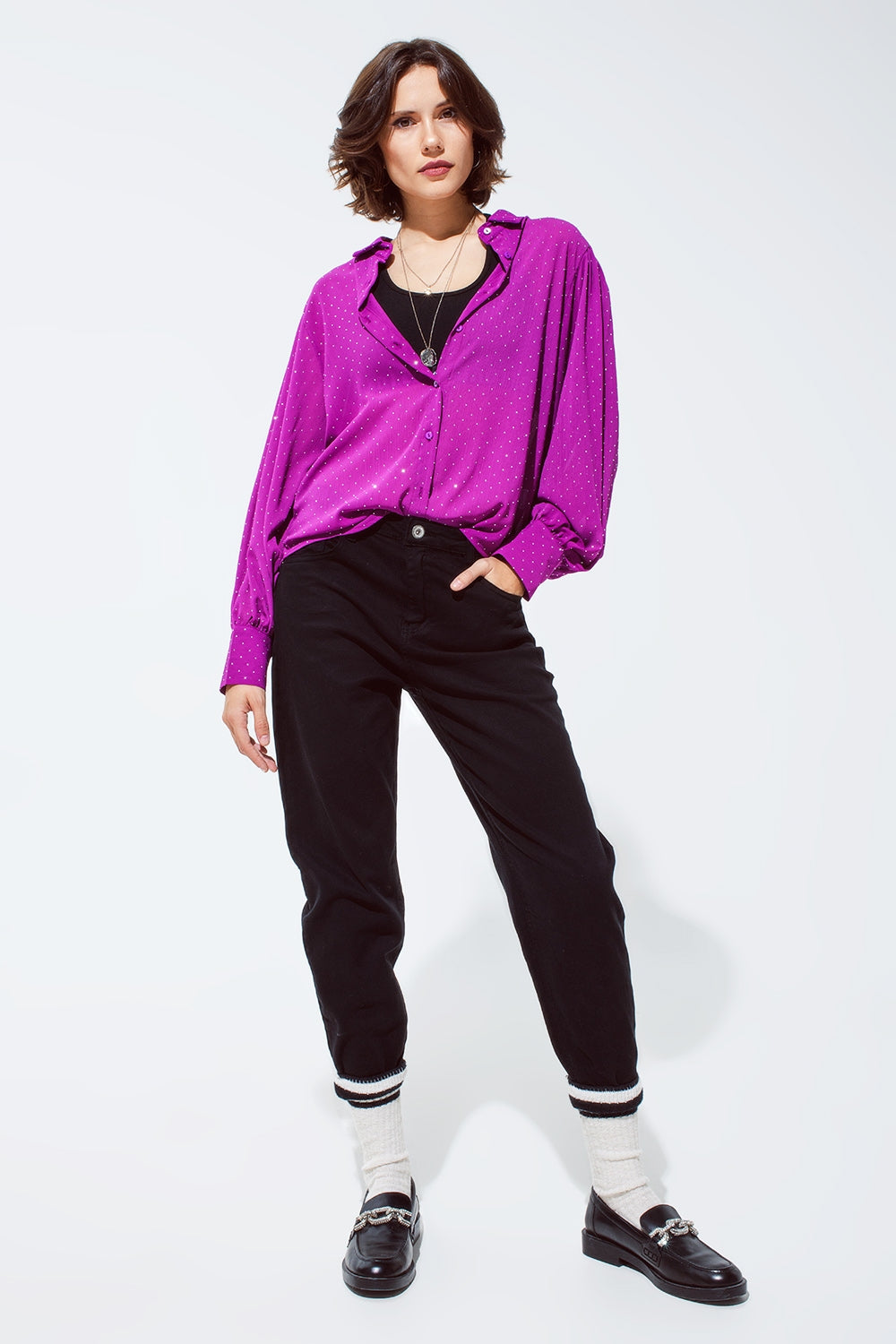 Pantalón negro holgado de algodón de tiro medio