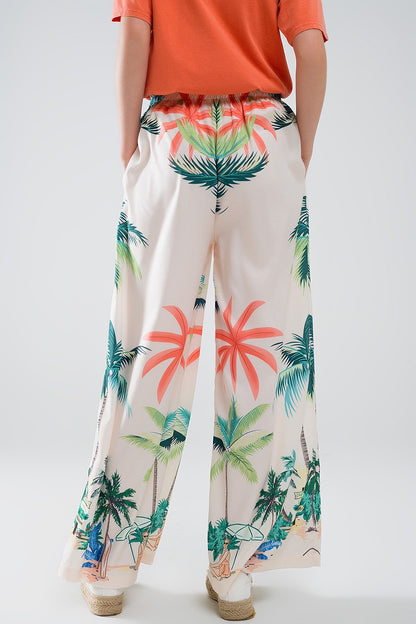 Pantalón recto crema con estampado playero y cintura elástica