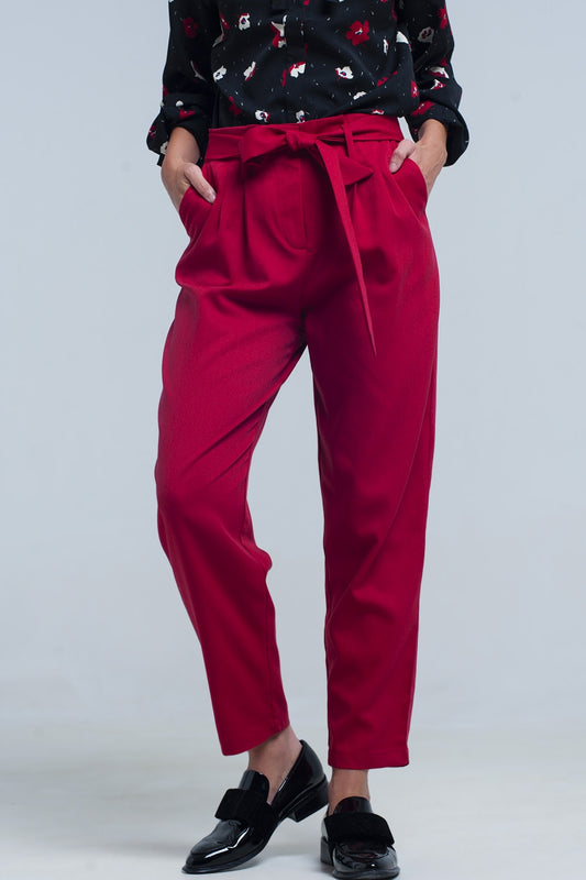 Q2 Pantalon rojo de cintura alta con cinturon