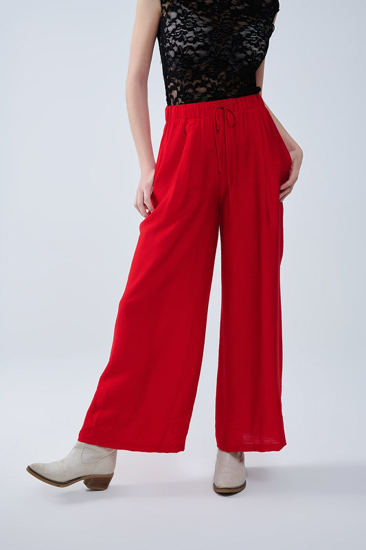 Q2 Pantalón rojo de pernera ancha en tejido de viscosa ligera