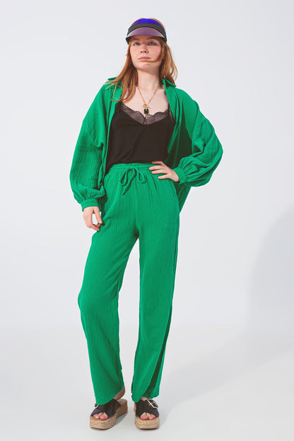 Pantalón Texturizado de Corte Holgado en Verde