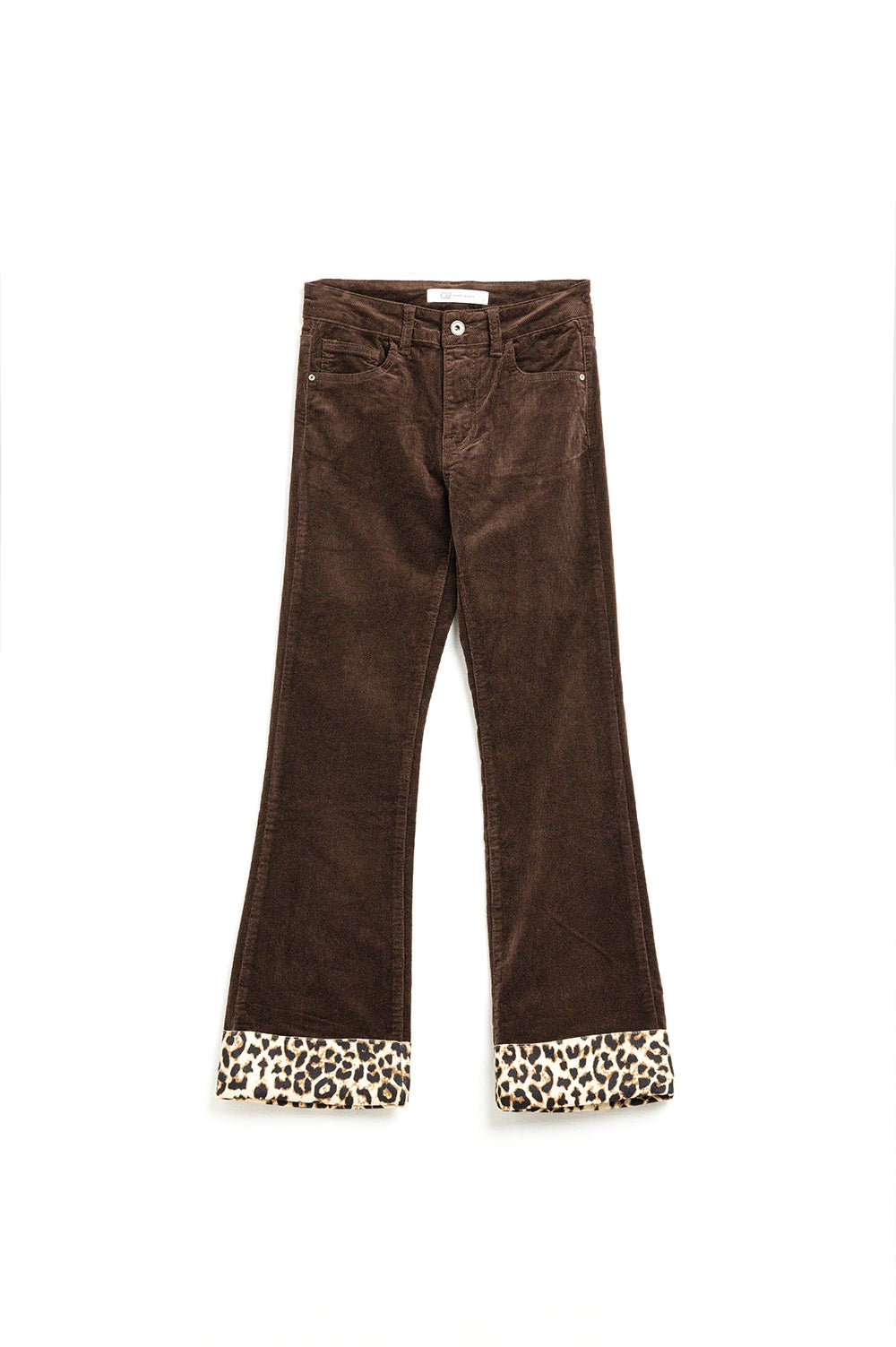 Pantalones acampanados de pana marrón con estampado de leopardo en el bajo