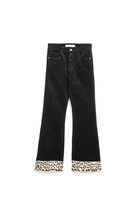 Q2 Pantalones acampanados de pana negra con estampado de leopardo en el bajo