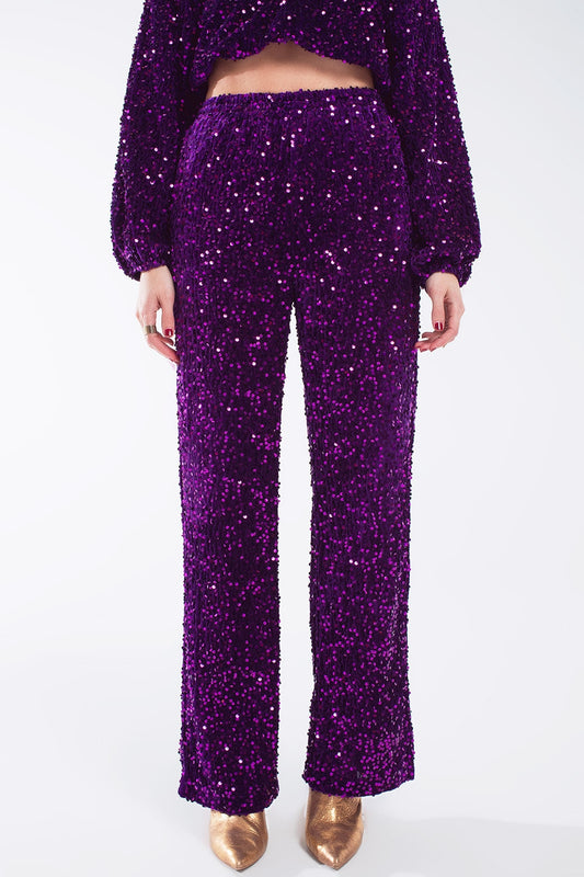Q2 Pantalones anchos de lentejuelas con bolsillos laterales en morado