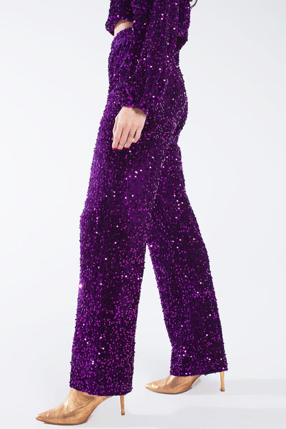 Pantalones anchos de lentejuelas con bolsillos laterales en morado