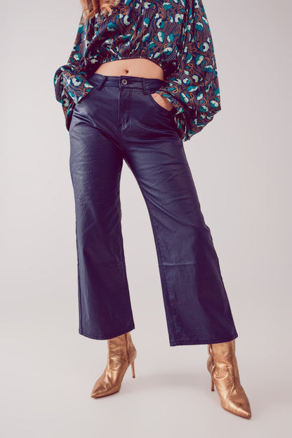 Q2 Pantalones azules  de pernera ancha de cuero sintético