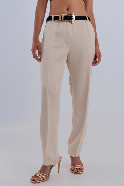 Pantalones beige de pernera ancha de satén