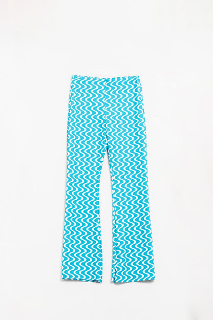 Q2 Pantalones de campana azules con estampado estilo años 70 de tiro alto