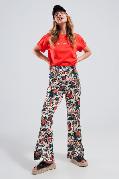 Pantalones de pernera ancha con estampado de cachemir beige