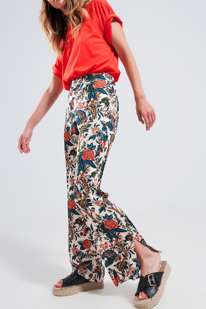 Pantalones de pernera ancha con estampado de cachemir beige