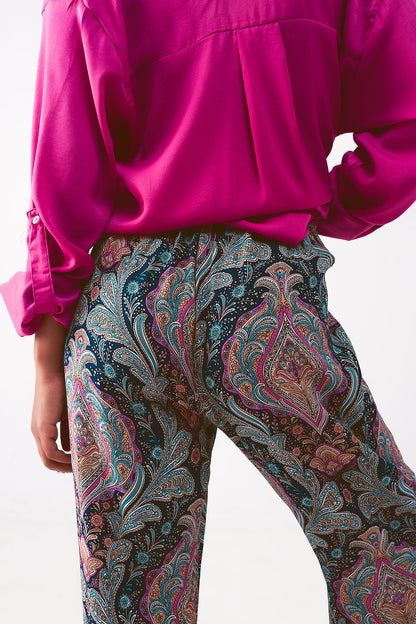 Pantalones de pernera ancha y estampado de cachemir en azul marino