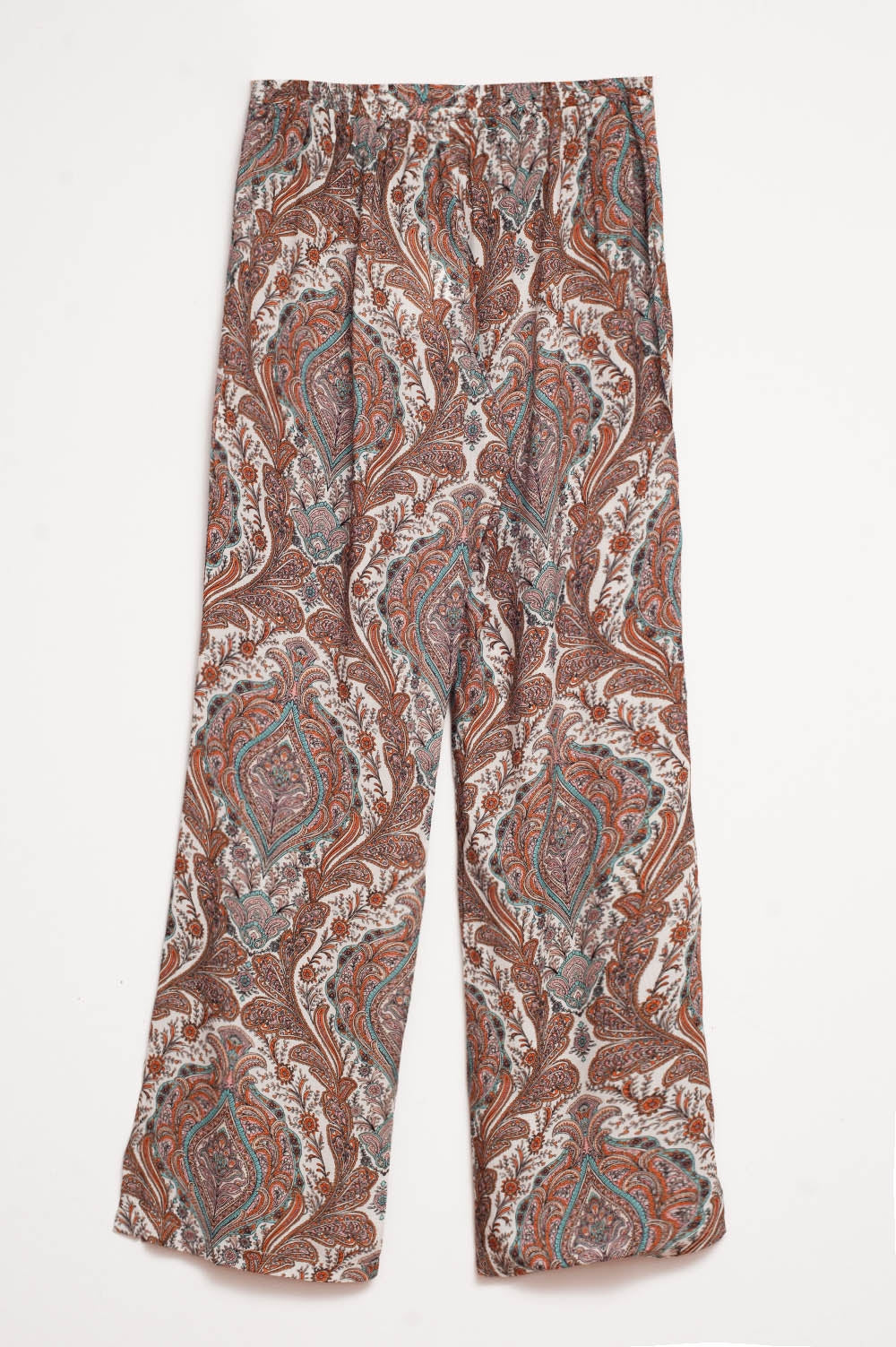 Pantalones de pernera ancha y estampado de cachemir en beige