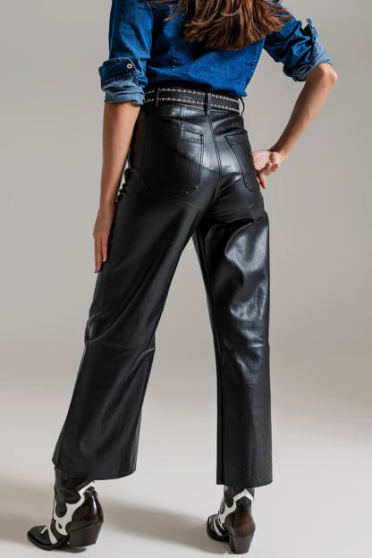 pantalones de piel sintética estilo palazzo negro con detalle de bolsillo