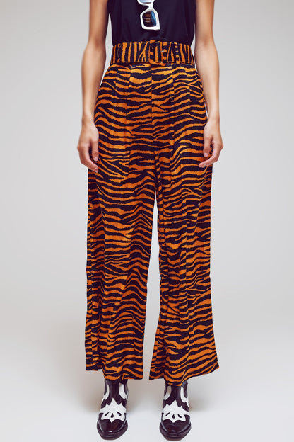 Q2 Pantalones de pierna recta con estampado animal y cinturón ancho con hebilla