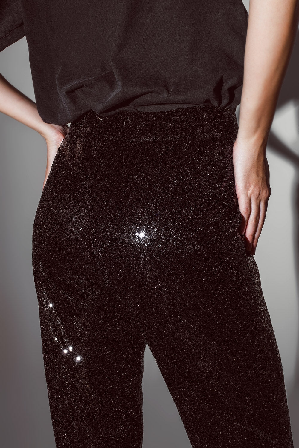 Pantalones de Pierna Recta con Lentejuelas en Negro