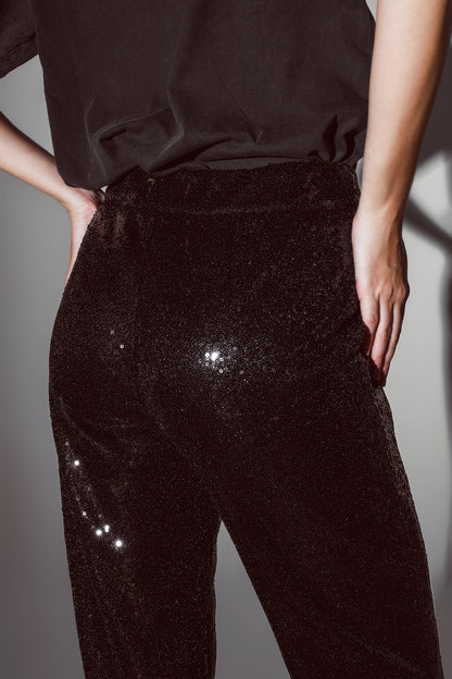 Pantalones de Pierna Recta con Lentejuelas en Negro