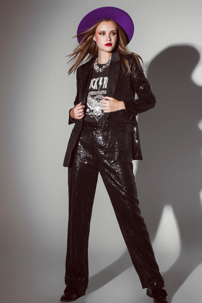 Pantalones de Pierna Recta con Lentejuelas en Negro