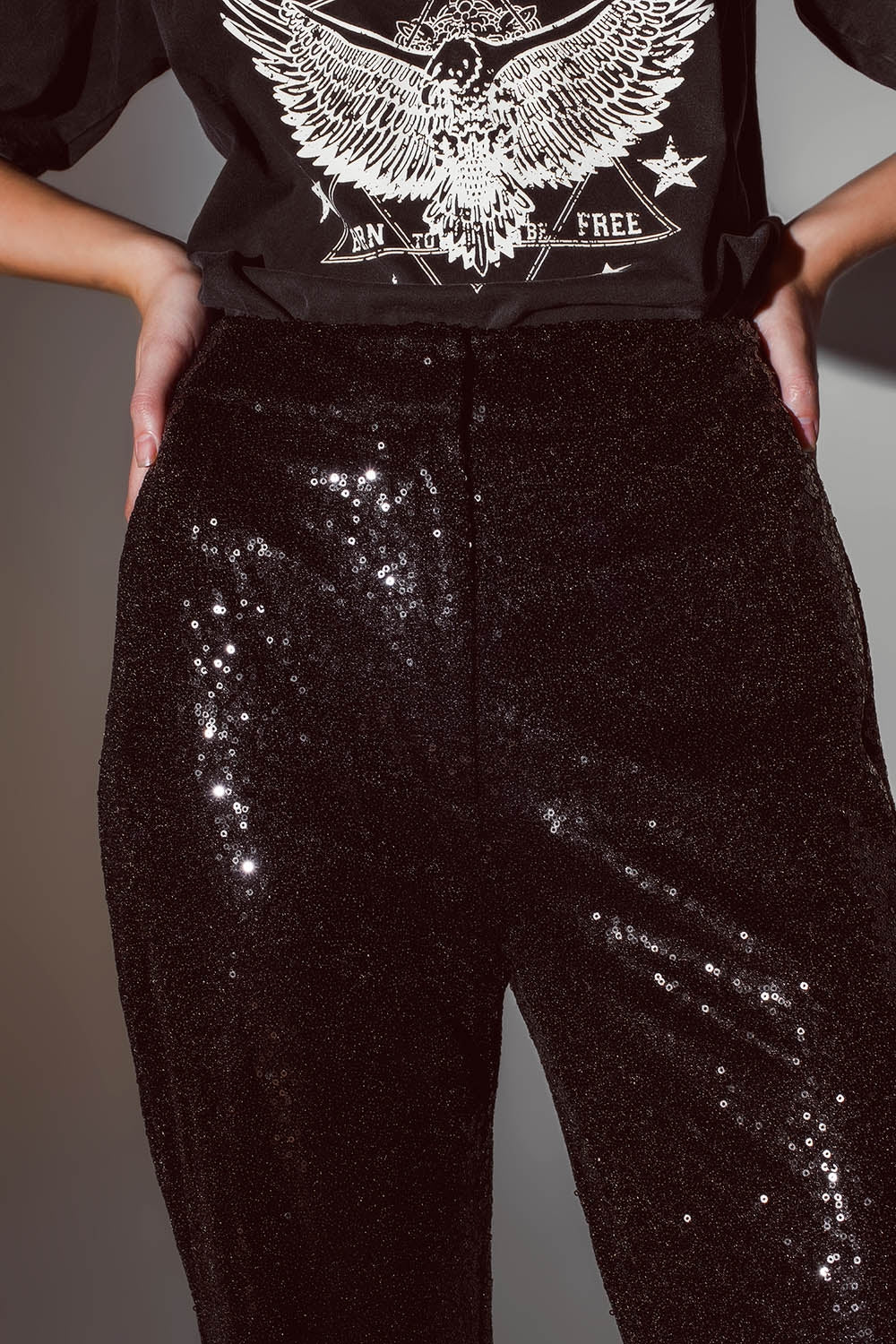 Pantalones de Pierna Recta con Lentejuelas en Negro