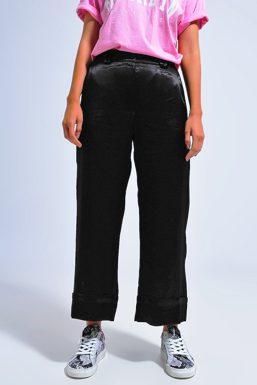 Pantalones de traje de pernera ancha de satén negros