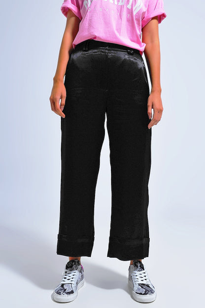 Pantalones de traje de pernera ancha de satén negros
