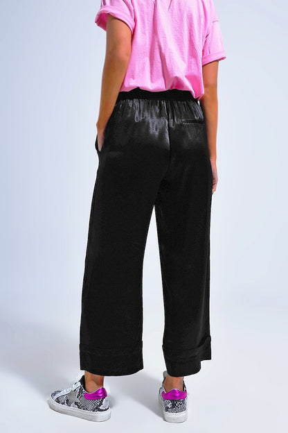 Pantalones de traje de pernera ancha de satén negros