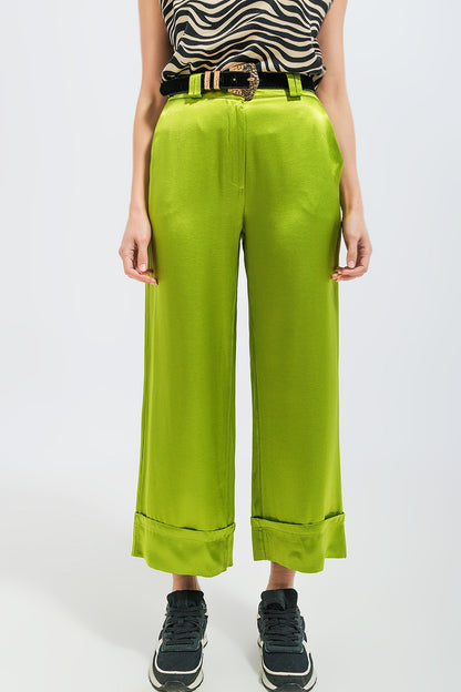 Q2 Pantalones de traje de pernera ancha de satén verdes
