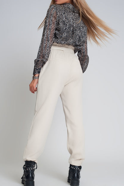 Pantalones finos con lazada en la cintura en beige