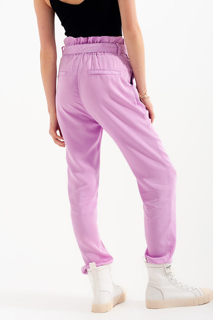 Pantalones finos con lazada en la cintura en morado