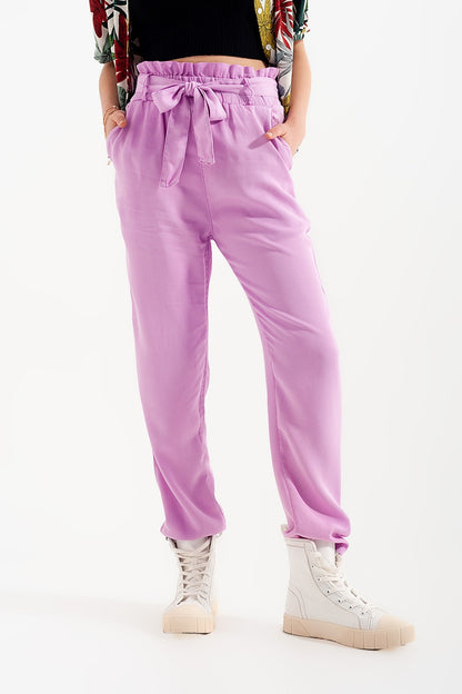 Pantalones finos con lazada en la cintura en morado