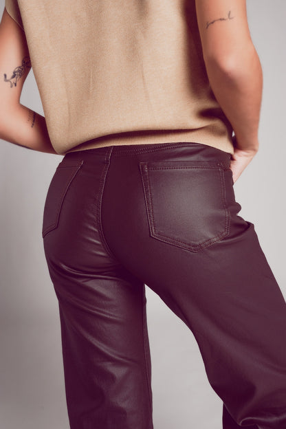 Pantalones marron chocolate de pernera ancha de cuero sintético