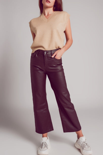Pantalones marron chocolate de pernera ancha de cuero sintético