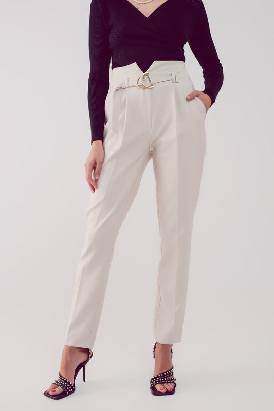 Q2 Pantalones pitillo crudos con cintura estilo paperbag
