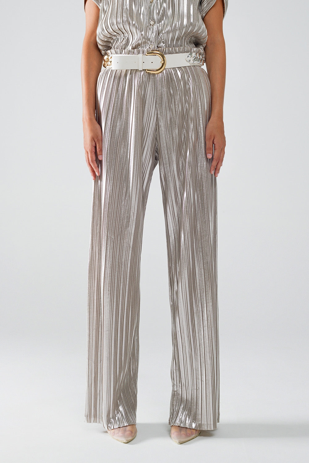 Q2 Pantalones plisados plateados con cintura elástica