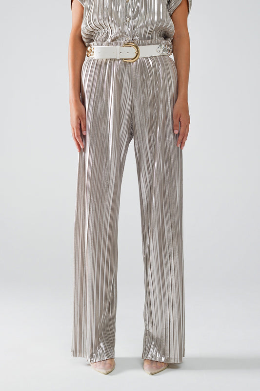 Q2 Pantalones plisados plateados con cintura elástica