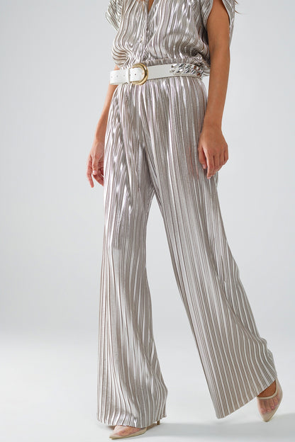 Pantalones plisados plateados con cintura elástica