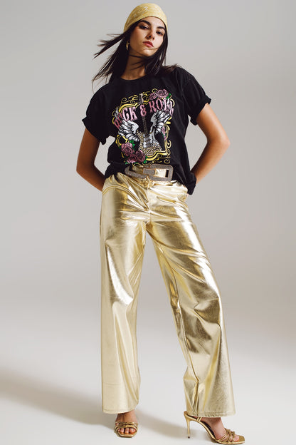 Pantalones rectos metálicos en dorado