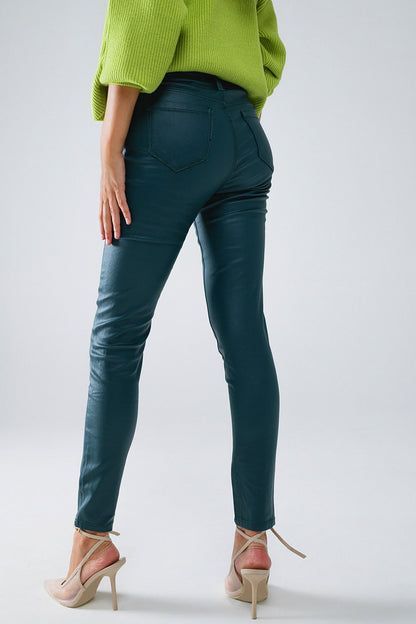 Pantalones super pitillo de piel sintética verde oscuro
