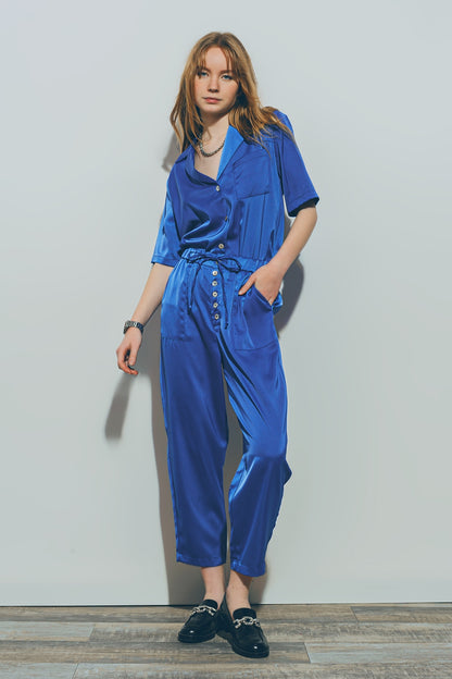 Pantalones tobilleros de Satén en Azul