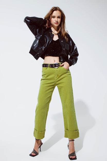 Pantalones vaqueros de pierna recta con dobladillo cortado en verde oliva