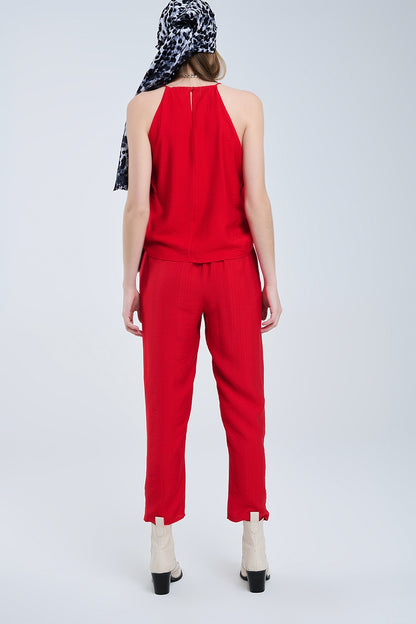 Pantalones veraniegos con cintura elástica y bolsillos en rojo