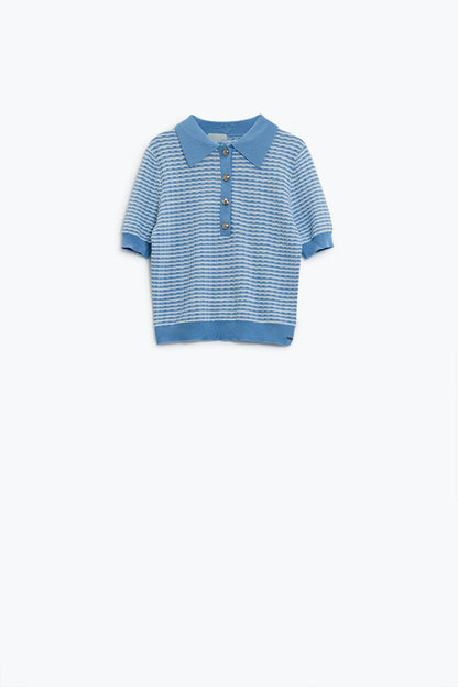 Polo De Manga Corta Azul Con Rayas Blancas