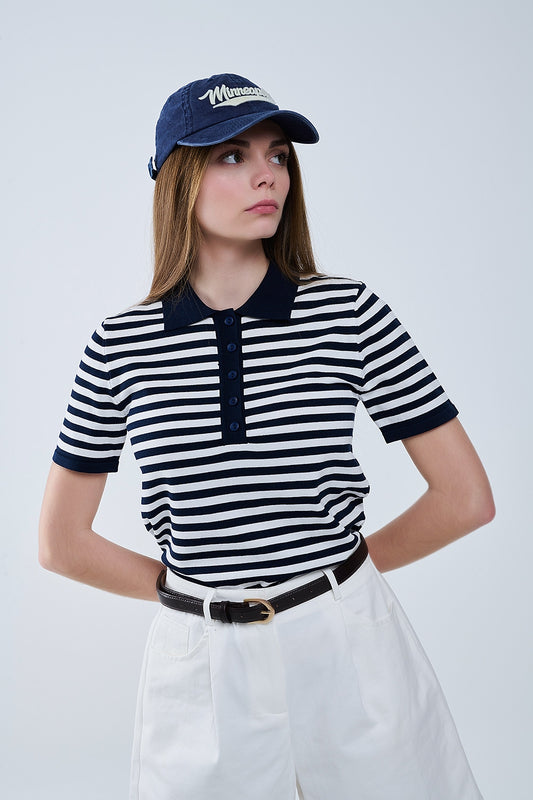 Q2 Polo de punto a rayas azul marino y blanco