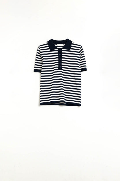 Polo de punto a rayas azul marino y blanco