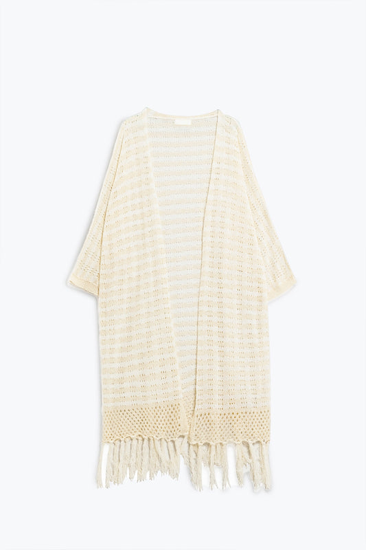 Q2 Rebeca Beige Estilo Boho Con Punto Pointelle A Rayas Y Detalles De Flecos
