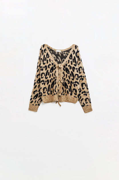 Rebeca de manga larga con estampado de leopardo y detalle de lazos