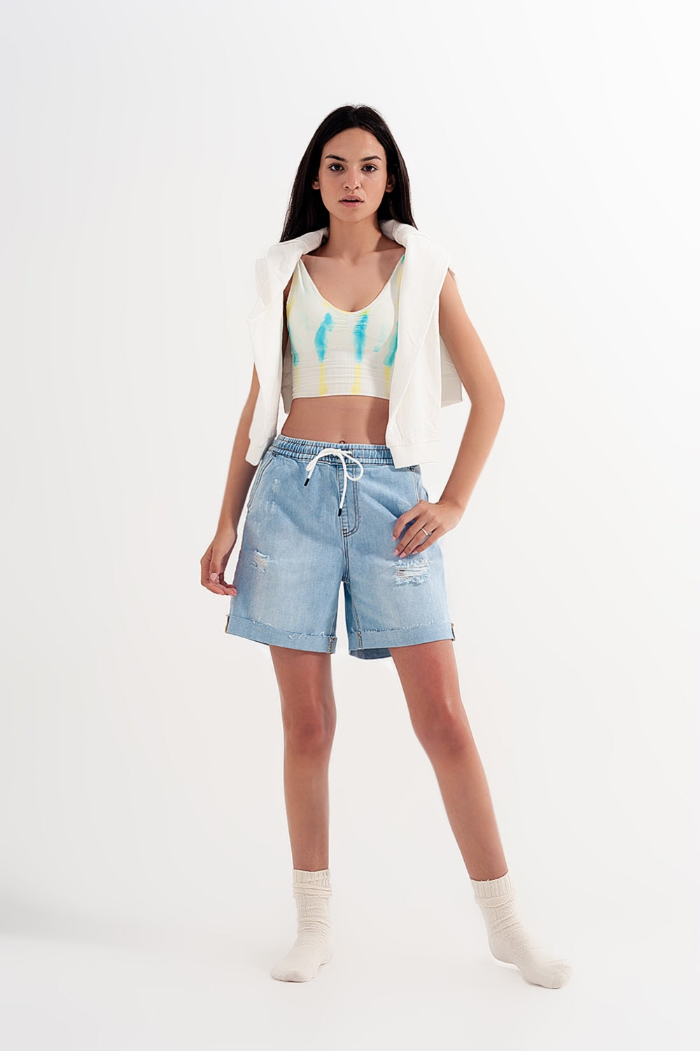 Shorts vaqueros azul medio lavado elásticos
