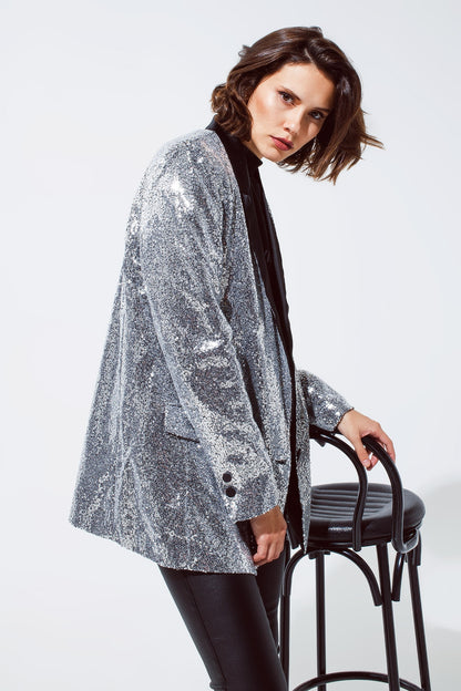Q2 Smoquin Blazer de lentejuelas plateadas con solapas de raso negro