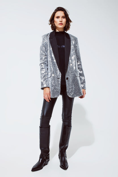 Smoquin Blazer de lentejuelas plateadas con solapas de raso negro