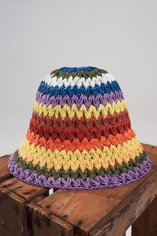 Q2 Sombrero de pescador multicolor de croché de paja