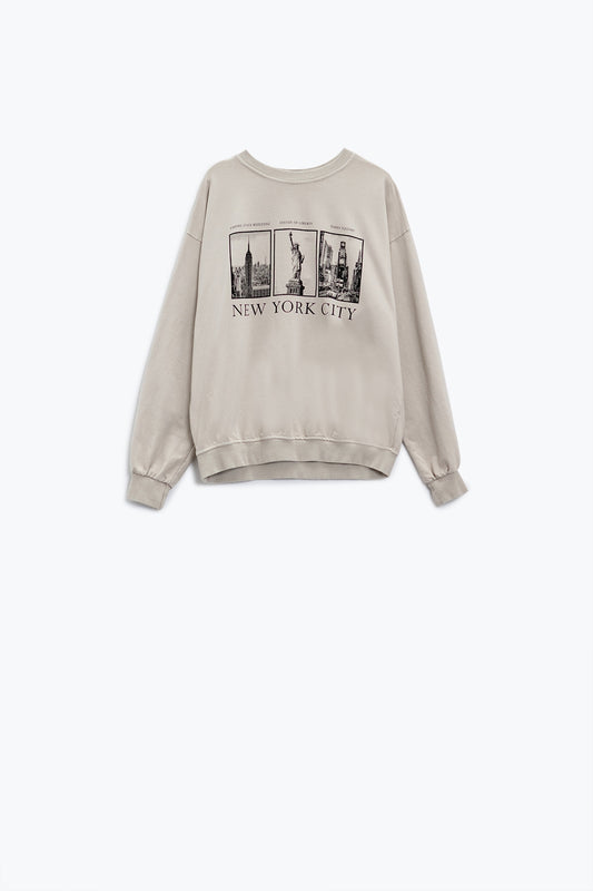 Q2 Sudadera Beige de manga larga con estampado new york city